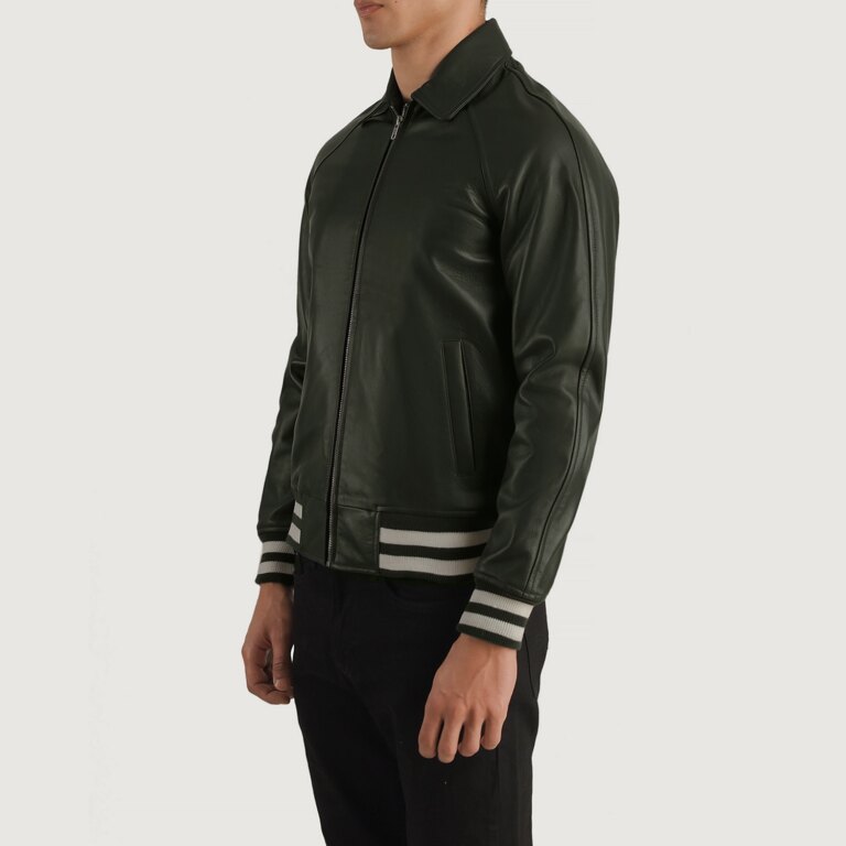Mens Walton Green Leather Varsity Jacket Side Pose-3-1704120342054